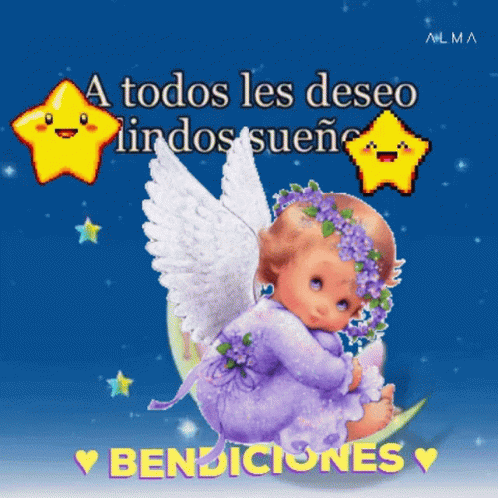 A Baby Angel Is Sitting On A Crescent Moon With The Words " A Todos Les Deseo Irdos Sueno " Above Her GIF