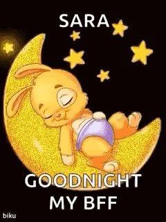 A Baby Bunny Is Sleeping On A Crescent Moon With The Words `` Goodnight My Bff '' . GIF