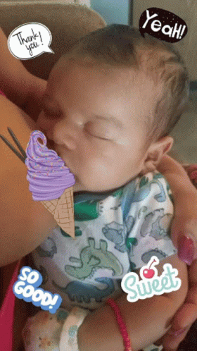 A Baby Eating A Purple Ice Cream Cone With A Thank You Speech Bubble GIF