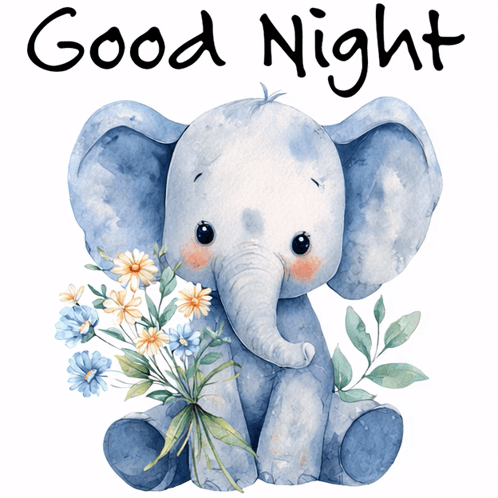 A Baby Elephant With Flowers And The Words Good Night GIF