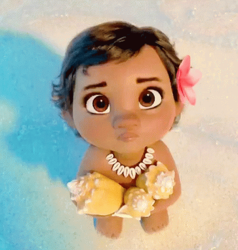 A Baby From The Movie Moana Is Holding Seashells And Wearing A Necklace . GIF