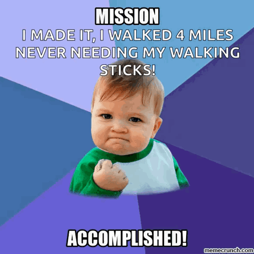 A Baby Giving A Fist With The Caption Mission I Made It , I Walked 4 Miles Never Needing My Walking Sticks GIF