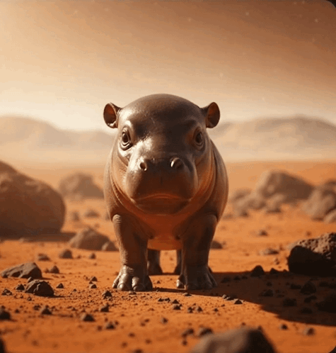 A Baby Hippopotamus Standing In The Dirt And Rocks GIF