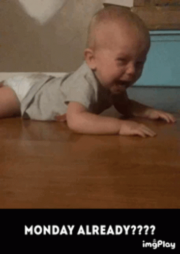 A Baby In A Diaper Is Crawling On A Wooden Floor With The Caption Monday Already GIF
