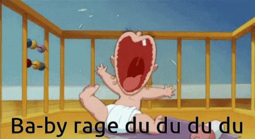 A Baby In A Diaper Is Screaming In A Crib With The Words Ba-By Rage Du Du Du Du Written Below It GIF