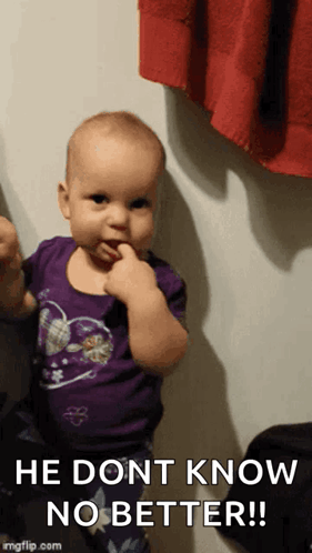 A Baby In A Purple Shirt With The Words He Dont Know No Better Written Below It GIF
