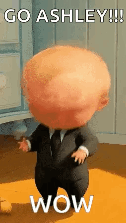 A Baby In A Suit And Tie Is Dancing In A Room With A Big Head . GIF