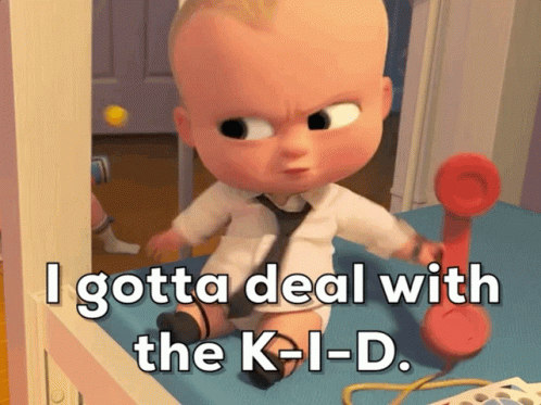 A Baby In A White Shirt And Tie Is Talking On A Red Telephone With The Words I Gotta Deal With The K-I-D GIF