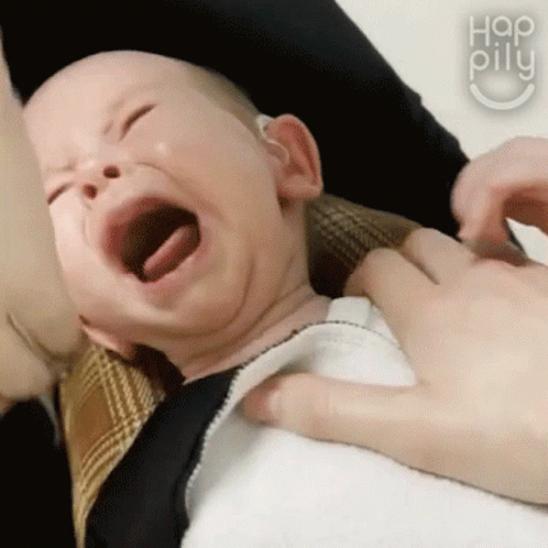 A Baby Is Crying While Being Held By A Person And The Word Hop Pillu Is On The Bottom Right GIF
