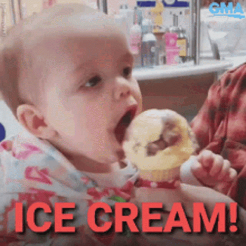 A Baby Is Eating An Ice Cream Cone With The Words Ice Cream Written On The Bottom GIF