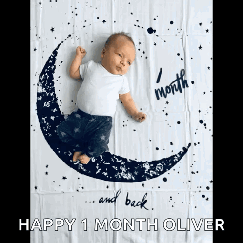 A Baby Is Laying On A Blanket With The Words Happy 1 Month Oliver Below It GIF