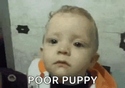 A Baby Is Making A Funny Face And Says `` Poor Puppy '' . GIF