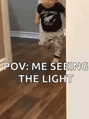 Baby Running Through Hallway With Light Text GIF