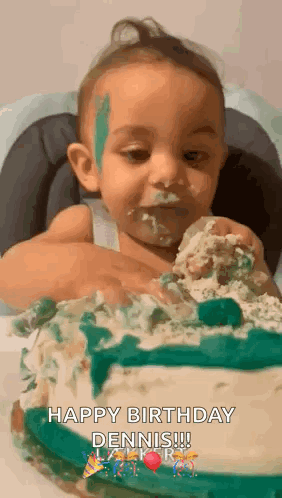 A Baby Is Sitting In A High Chair Eating A Birthday Cake With His Face Covered In Frosting . GIF
