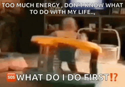 A Baby Is Sitting In A High Chair With A Caption That Says Too Much Energy GIF
