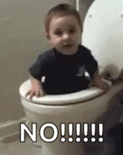 A Baby Is Sitting In A Toilet With The Word No Written On It . GIF