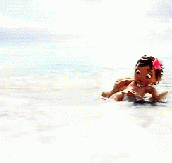 A Baby Is Sitting In A Wooden Chair In The Water . GIF