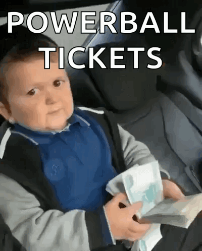 A Baby Is Sitting In The Back Seat Of A Car Holding A Bunch Of Money And A Sign That Says Powerball Tickets GIF