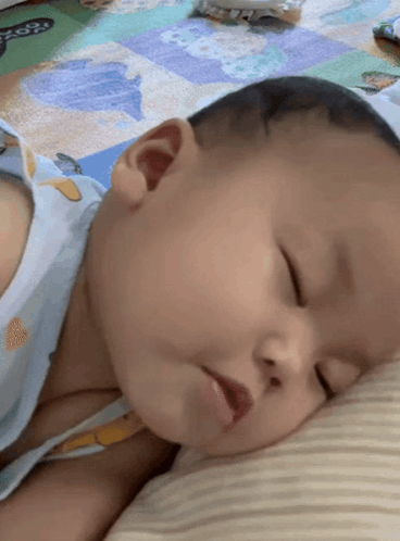 a baby is sleeping on a pillow on the floor