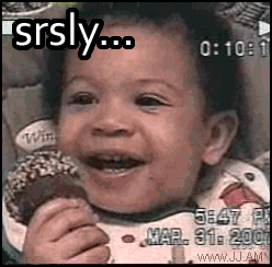 A Baby Is Smiling While Holding A Donut With The Words Srsly Written Above It GIF