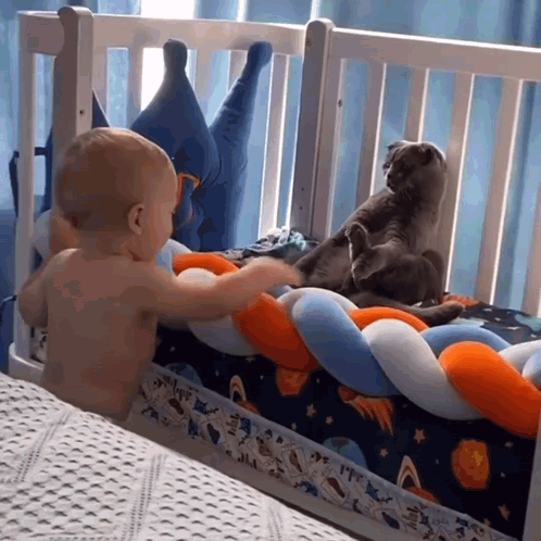 A Baby Is Standing In A Crib With Two Cats GIF