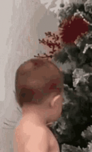 A Baby Is Standing In Front Of A Christmas Tree Without A Shirt On . GIF