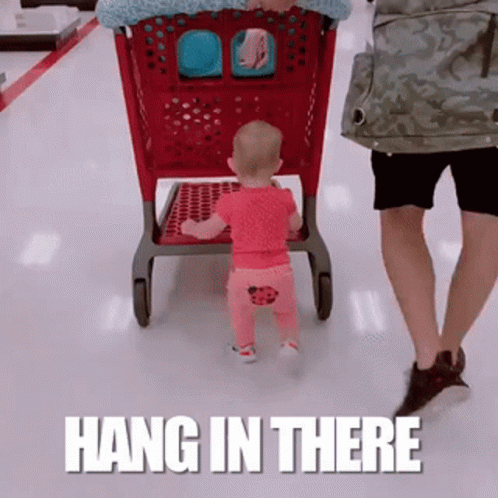 A Baby Is Standing Next To A Shopping Cart With The Words Hang In There Written On It . GIF