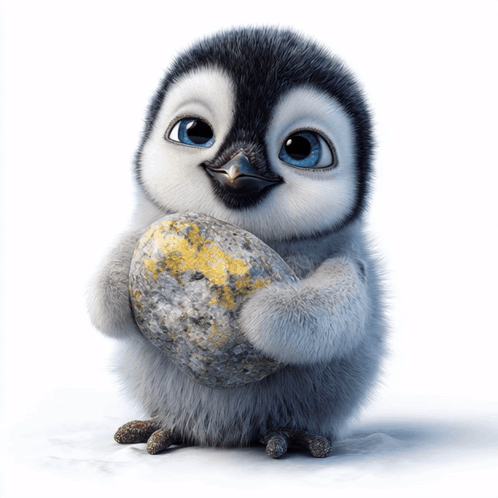 A Baby Penguin Is Holding A Large Rock GIF