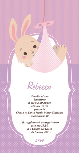 A Baby Shower Invitation For Rebecca With A Bunny Hanging From A String GIF