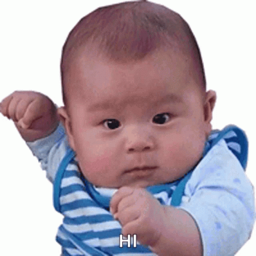 A Baby Wearing A Blue And White Striped Shirt Is Making A Fist And Saying Hi GIF
