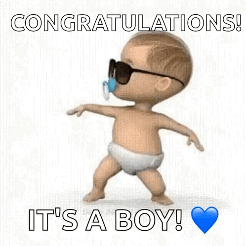 A Baby Wearing Sunglasses And A Pacifier Is Dancing With The Words Congratulations ! It 'S A Boy ! GIF