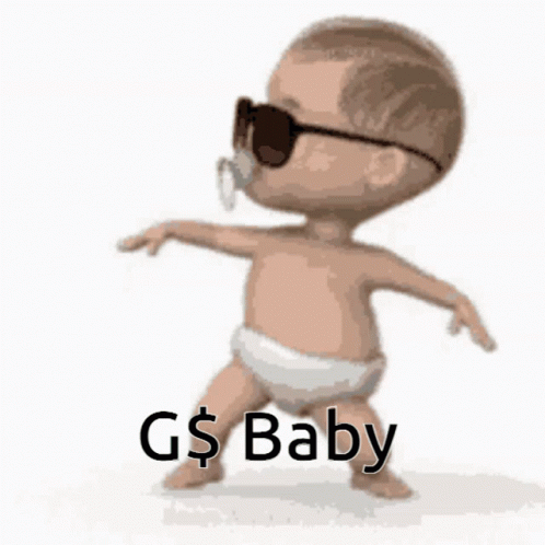 A Baby Wearing Sunglasses And A Pacifier Is Dancing With The Words G $ Baby Written Below Him GIF