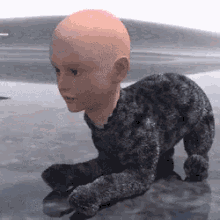 A Baby With A Bald Head Is Crawling On The Floor . GIF