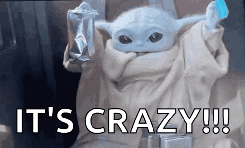 A Baby Yoda From The Mandalorian Is Holding A Bag Of Chips And A Blue Ice Cube . GIF