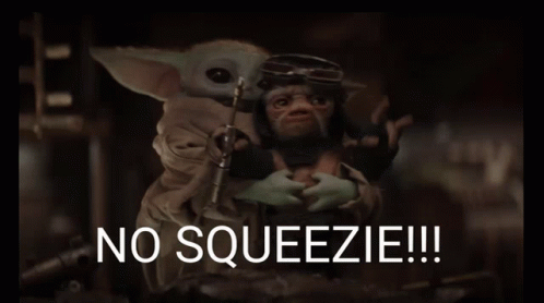 A Baby Yoda Holding A Monkey With The Words " No Squeezie " Written On It GIF