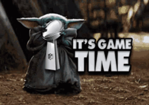 A Baby Yoda Holding A Super Bowl Trophy With The Words It 'S Game Time Behind Him GIF