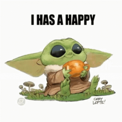 A Baby Yoda Is Sitting In The Grass Holding A Cup Of Coffee And Says I Has A Happy . GIF