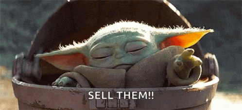 A Baby Yoda Is Sleeping In A Bucket With The Words `` Sell Them '' Written On It . GIF