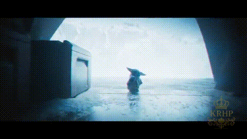 A Baby Yoda Is Standing On A Wet Floor In Front Of A Window . GIF