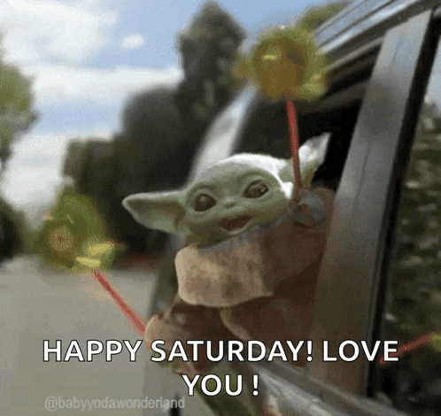 A Baby Yoda Is Sticking Its Head Out Of A Car Window Holding A Lollipop And Saying Happy Saturday ! Love You ! GIF