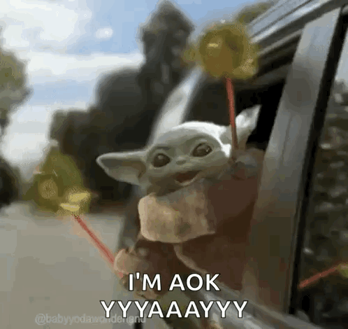 A Baby Yoda Is Sticking Its Head Out Of A Car Window Holding Lollipops . GIF