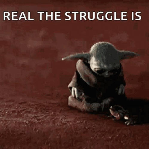 A Baby Yoda Standing Next To A Frog With The Words Real The Struggle Is Written Above Him GIF