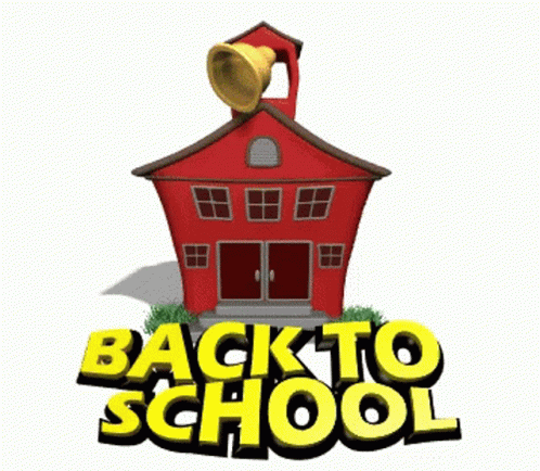 A Back To School Sign With A Bell On Top Of A Red School Building GIF