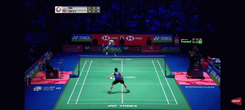 A Badminton Match Is Being Played On A Court With Advertisements For Yonex And Hsbc GIF