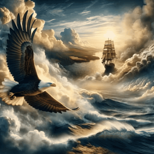 A Bald Eagle Is Flying Over The Ocean With A Ship In The Distance GIF