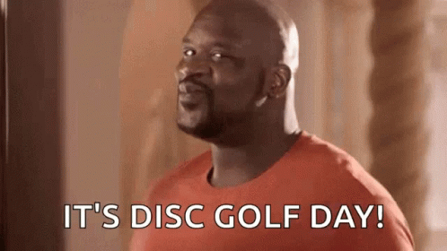 A Bald Man In A Red Shirt Is Saying `` It 'S Disc Golf Day '' . GIF