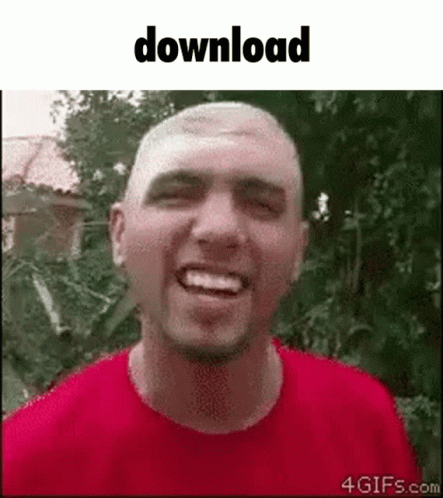A Bald Man In A Red Shirt Is Smiling And Looking At The Camera With The Words Download Above Him . GIF