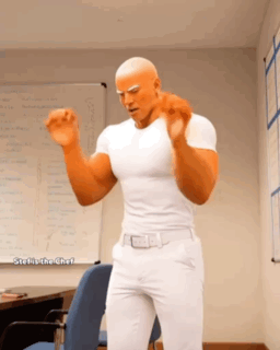 A Bald Man In A White Shirt And White Pants Is Standing In Front Of A White Board That Says " Stella The Chef " On It GIF