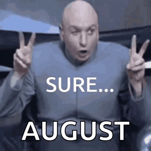 A Bald Man Is Giving A Peace Sign With The Words Sure August Behind Him GIF