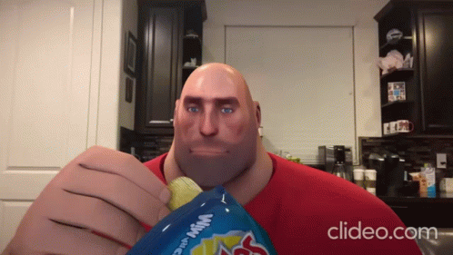 A Bald Man Is Holding A Bag Of Chips That Says Win The Game On It GIF